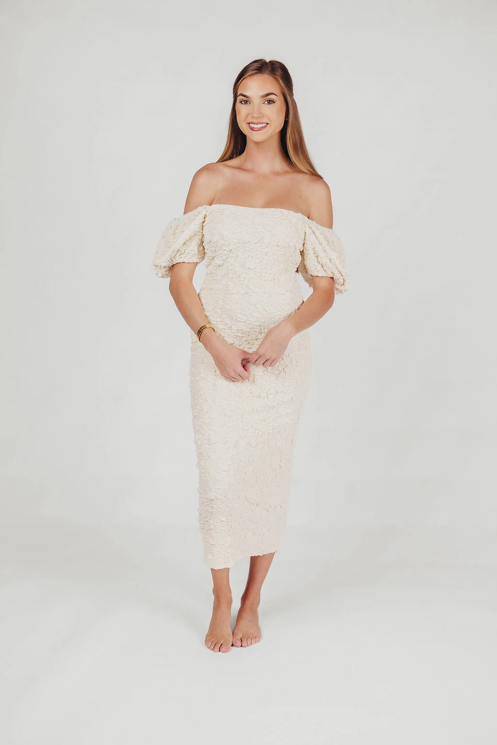 Dew Tone Blakeley Textured Midi Dress in Ivory - Bump Friendly & Inclusive Sizing (S-3XL)