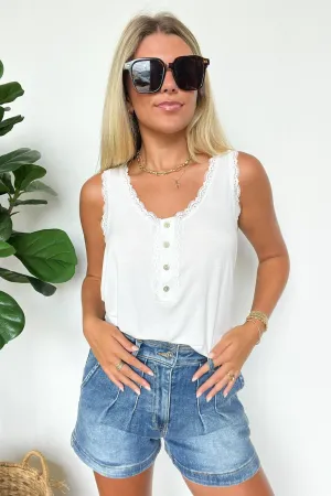Blissful Direction Lace Trim Button Tank Top - BACK IN STOCK