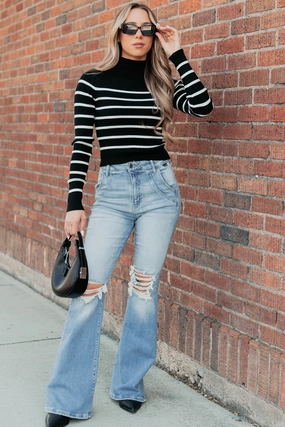 Blissful Rest Striped Mock Neck Sweater Top (Black/Cream) FlexibleKnit UVProtection