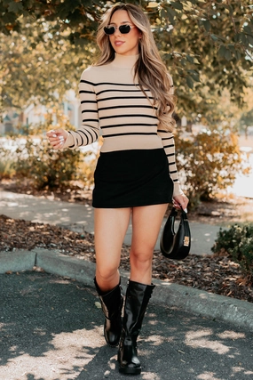 NonIrritatingSeams Blissful Rest Striped Mock Neck Sweater Top (Taupe/Black)