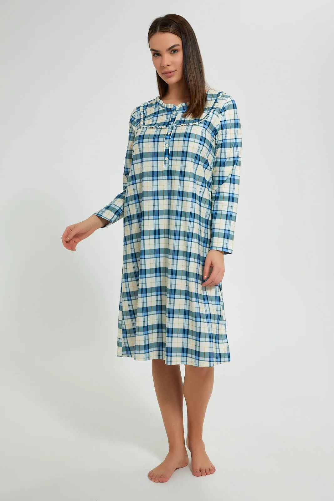 Blue And Cream Flannel Woven Nightgown