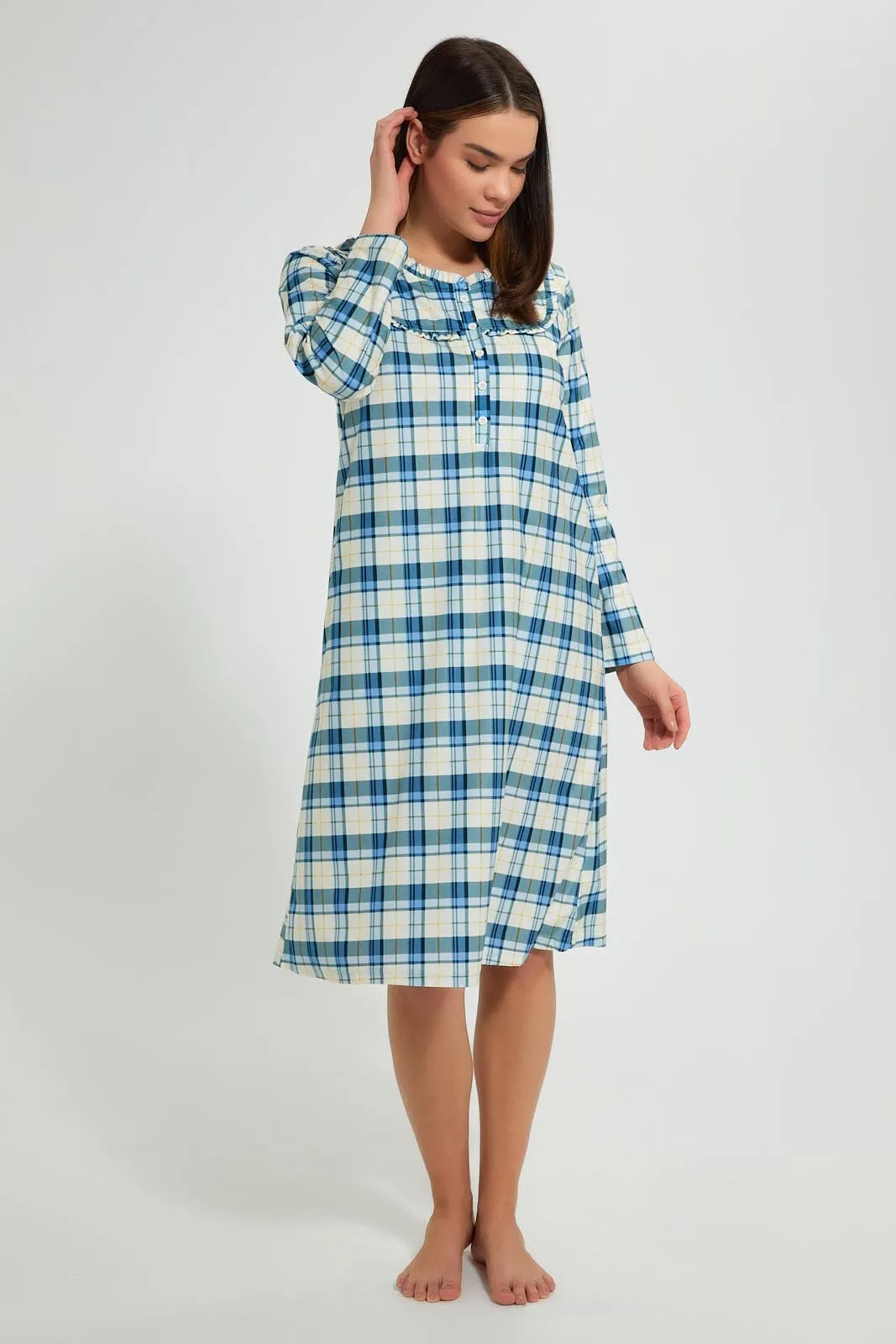 Blue And Cream Flannel Woven Nightgown