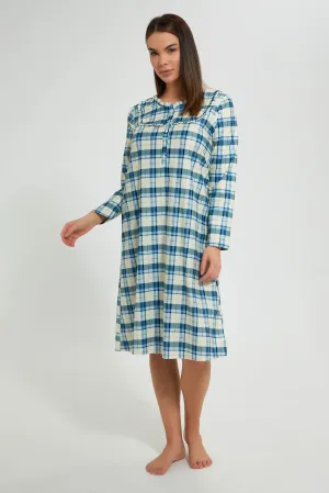 Blue And Cream Flannel Woven Nightgown