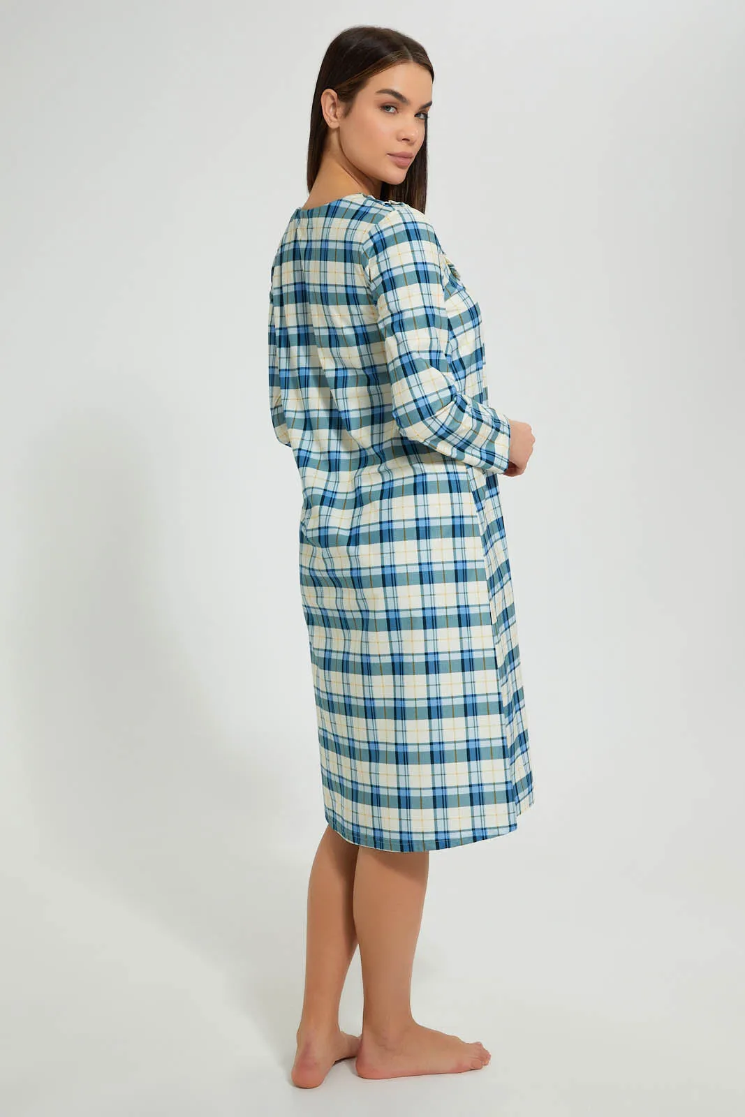 Blue And Cream Flannel Woven Nightgown