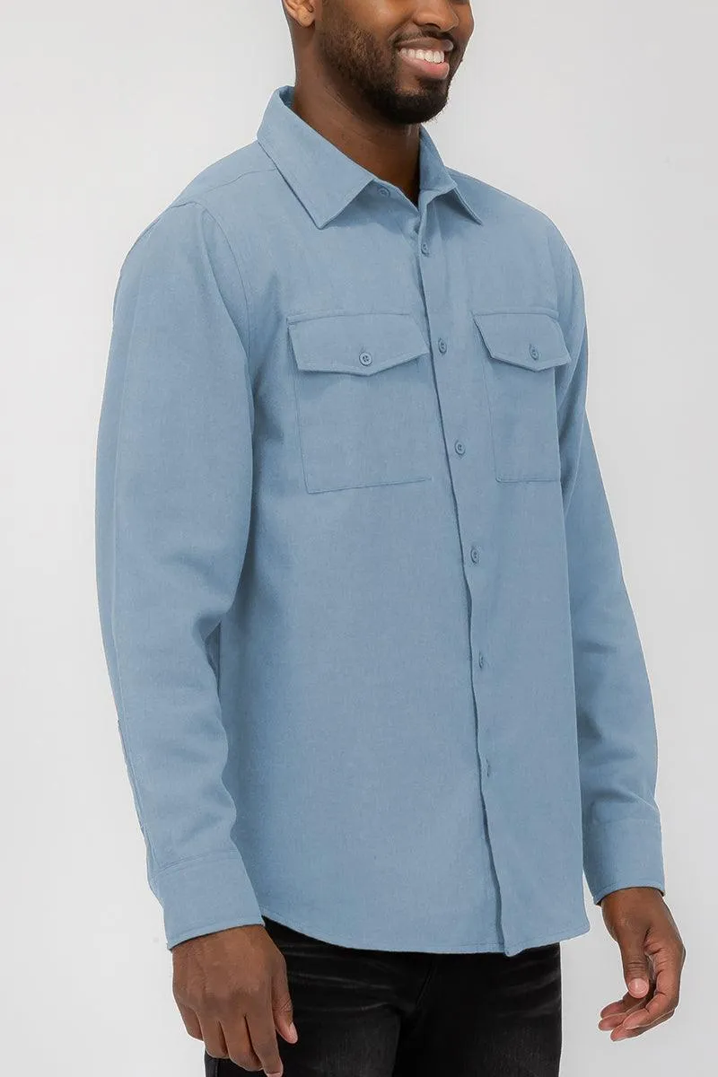 Blue Blank Brushed Long Sleeve Flannel Shirt Mens