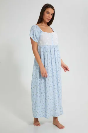Blue Floral Long Nightgown