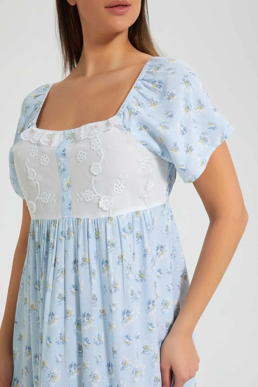 Blue Floral Long Nightgown