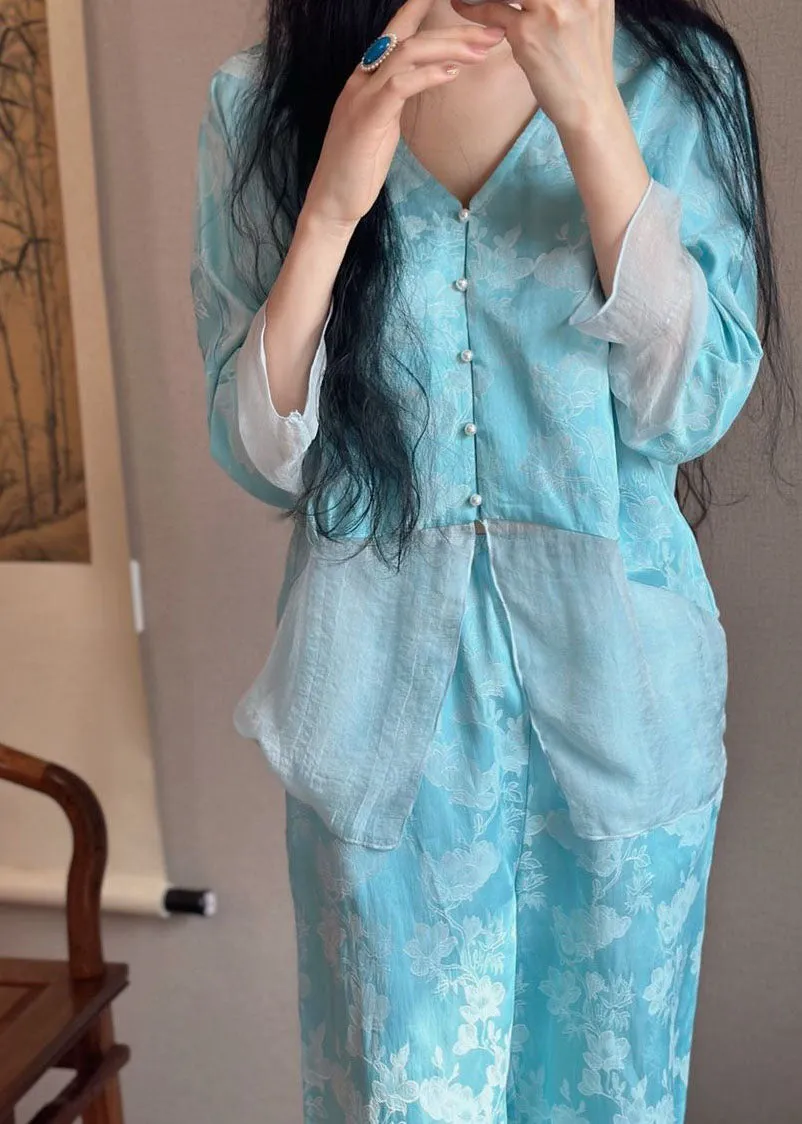 Blue Jacquard Patchwork Silk Two-Piece Set Pajamas V Neck Long Sleeve LY2807