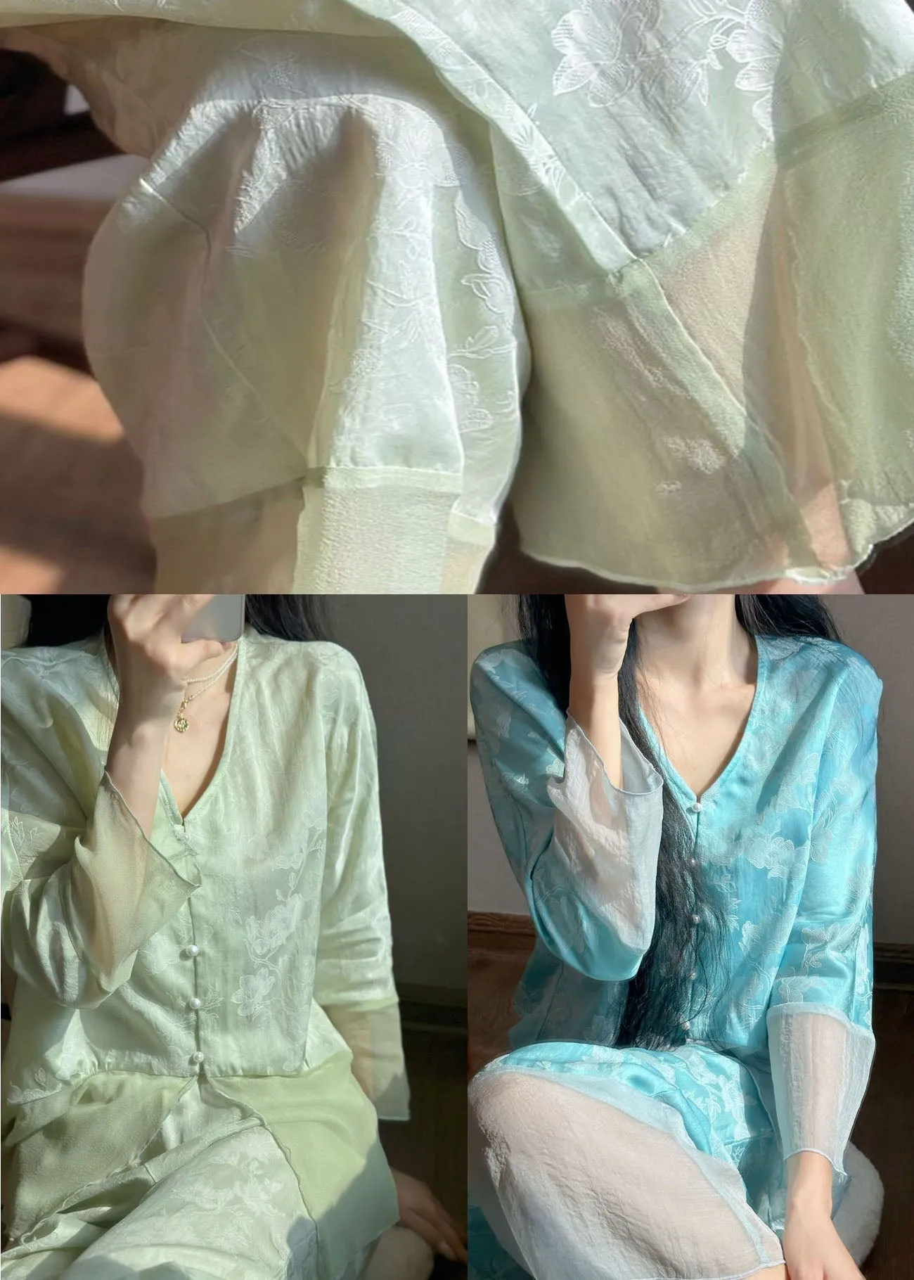 Blue Jacquard Patchwork Silk Two-Piece Set Pajamas V Neck Long Sleeve LY2807