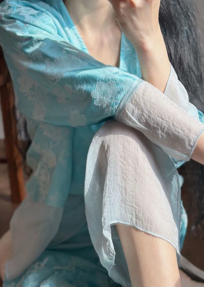 Blue Jacquard Patchwork Silk Two-Piece Set Pajamas V Neck Long Sleeve LY2807
