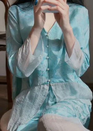 Blue Jacquard Patchwork Silk Two-Piece Set Pajamas V Neck Long Sleeve LY2807