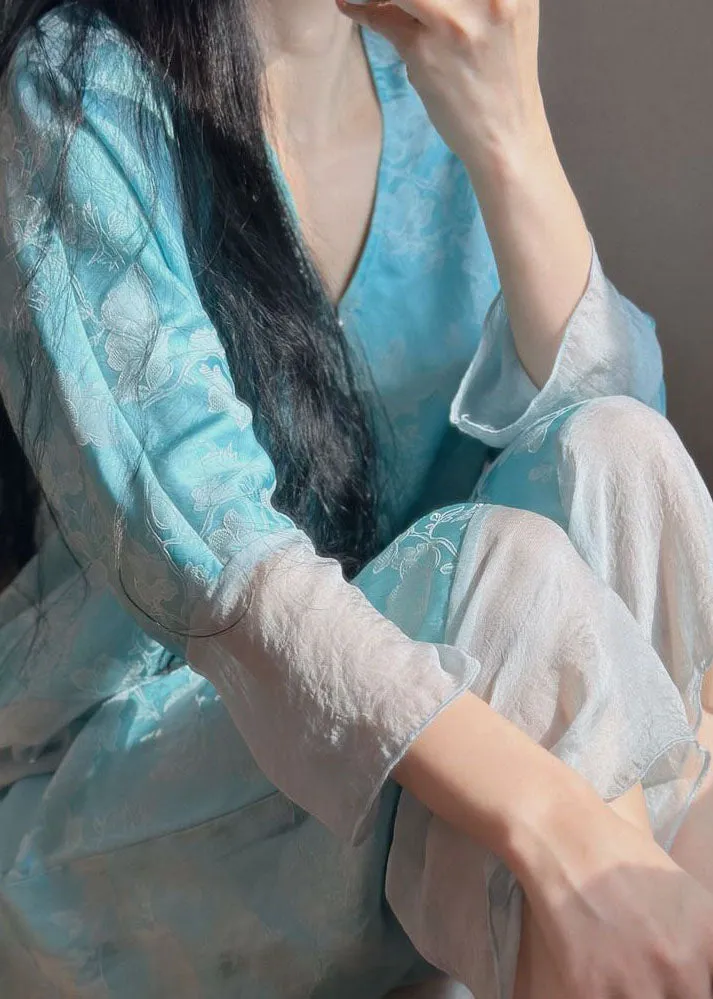 Blue Jacquard Patchwork Silk Two-Piece Set Pajamas V Neck Long Sleeve LY2807