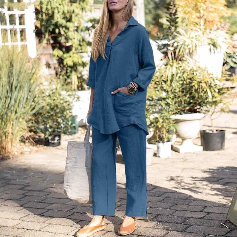 Blue Loose Lapel Elegant casual home Set