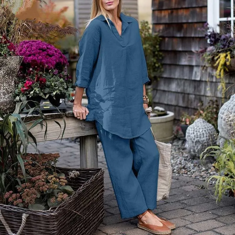 Blue Loose Lapel Elegant casual home Set