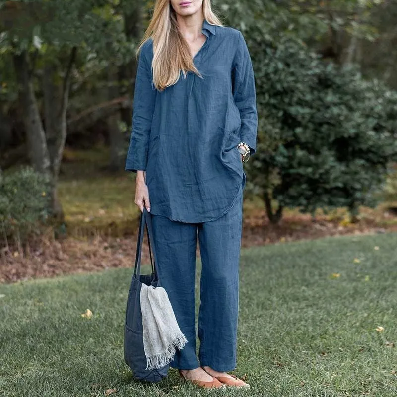 Blue Loose Lapel Elegant casual home Set