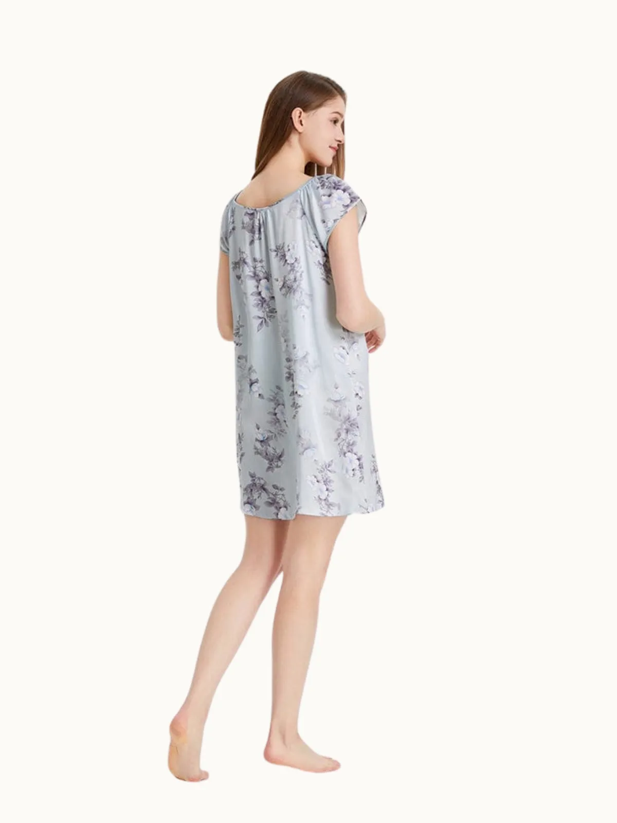 Blue Women Short Sleeve Ruffle Silk Chemise