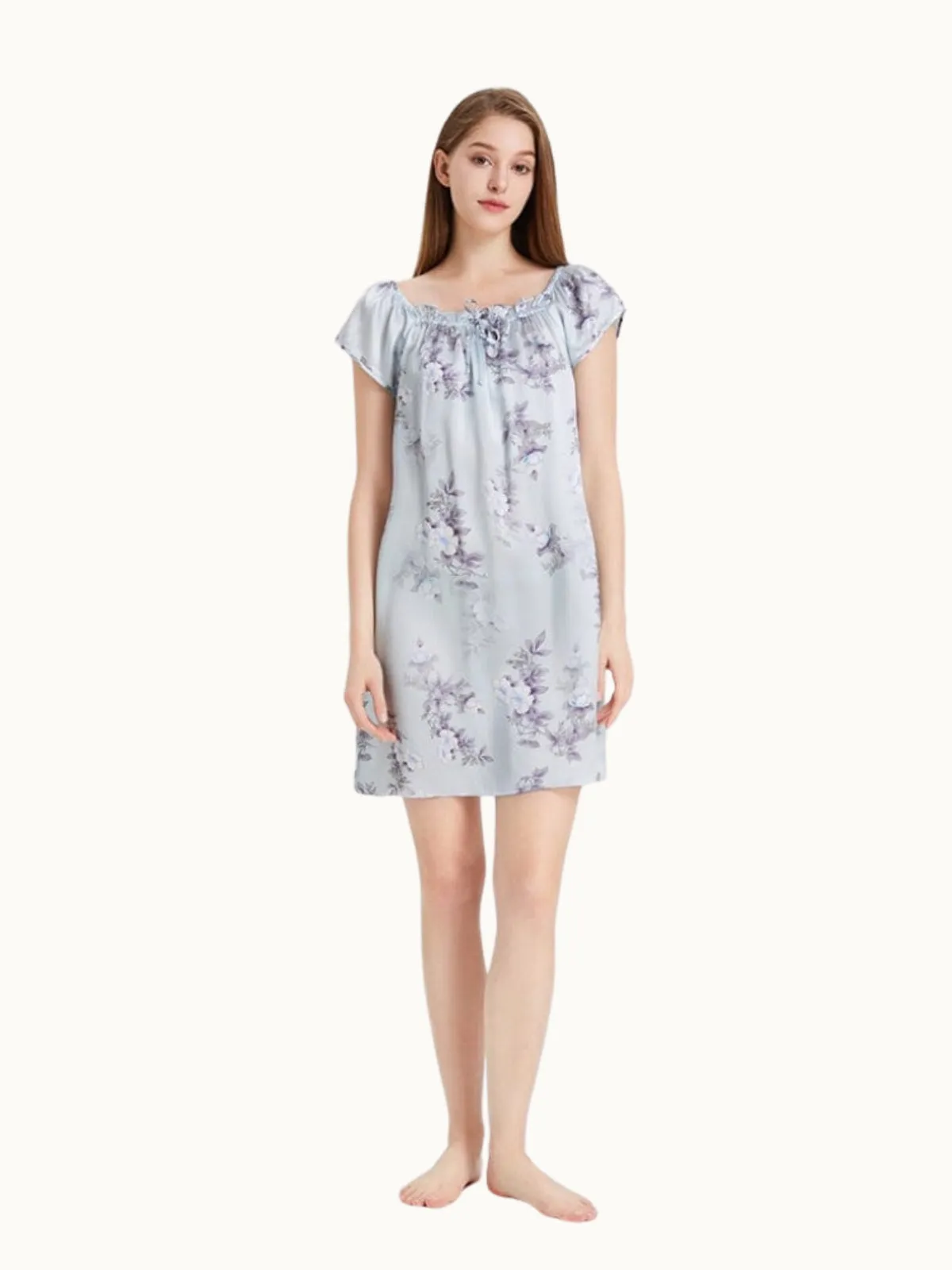 Blue Women Short Sleeve Ruffle Silk Chemise