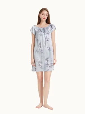 Blue Women Short Sleeve Ruffle Silk Chemise
