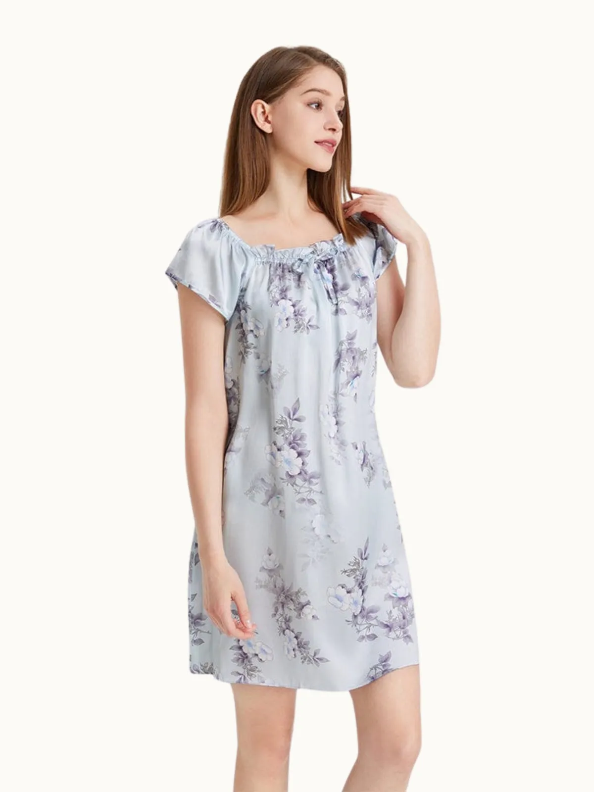 Blue Women Short Sleeve Ruffle Silk Chemise