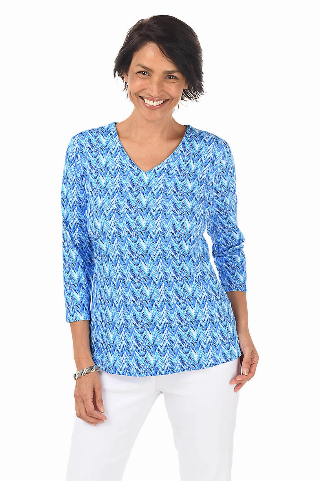 Blue Chevron Classic UPF50  V-Neck Top Interlock Knit