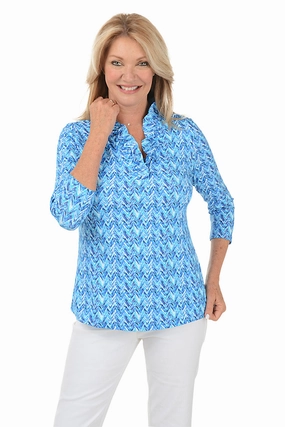 Blue Chevron Ruffle Neck UPF50  Top Basic Tee Modern Silhouette