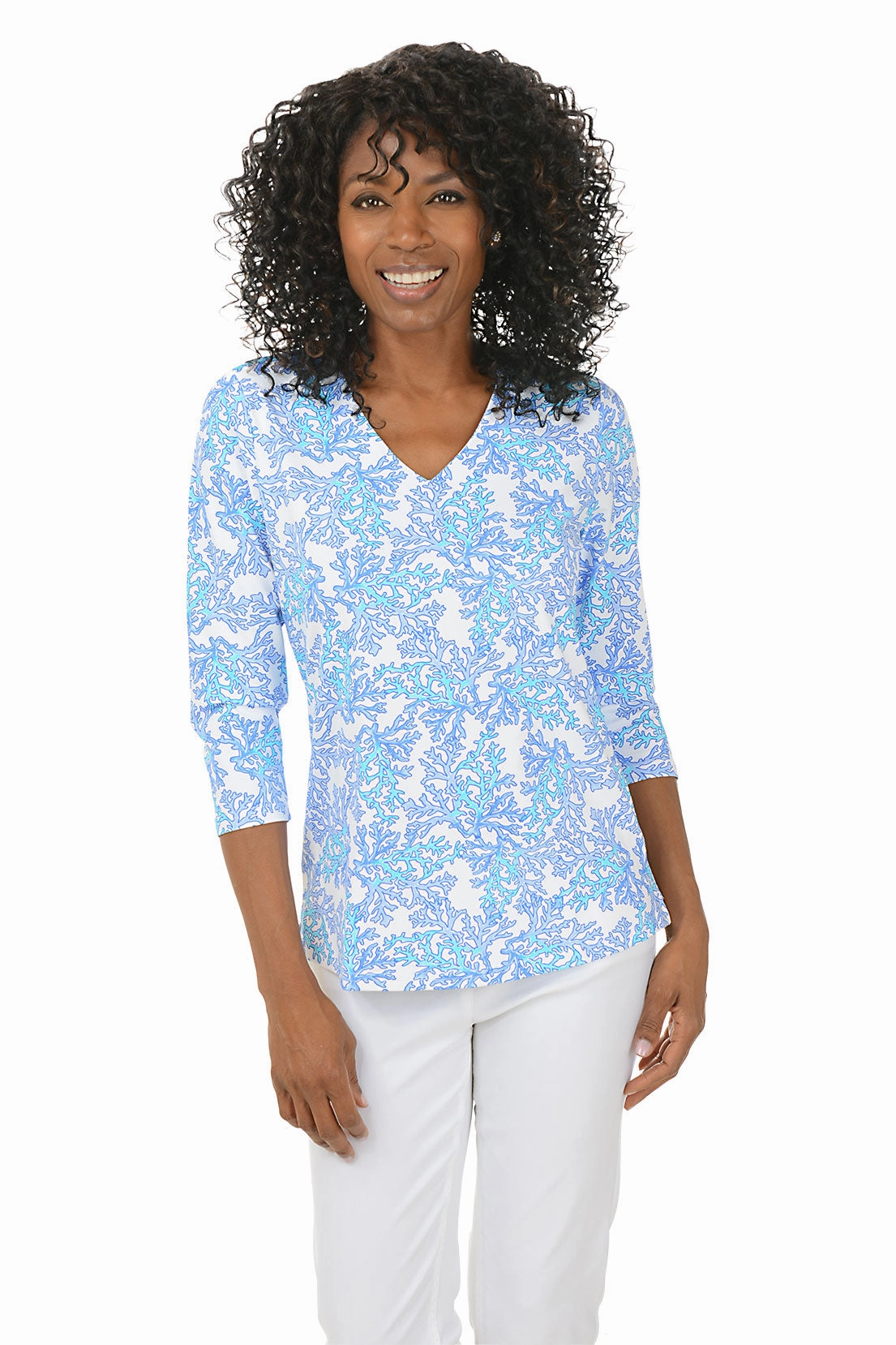 Fade Resistant Finish Blue Coral Classic UPF50  V-Neck Top
