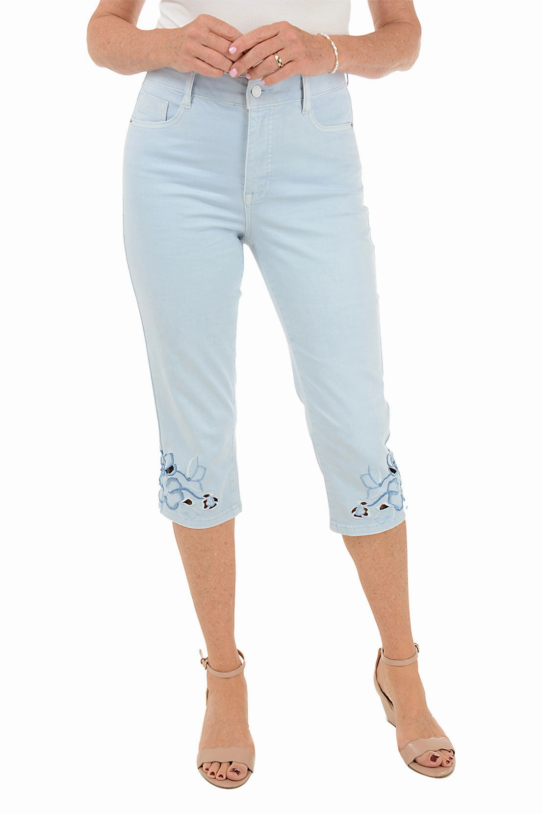 Blue Floral Embroidered Denim Capri Pant anti slip grip