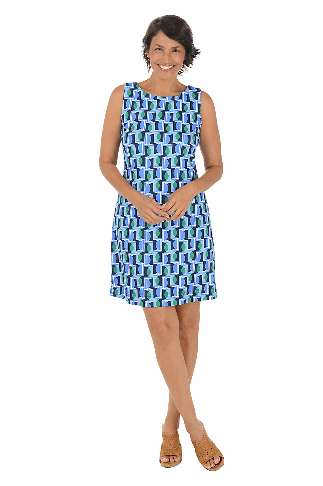 Blue Green Half Moon UPF50  Sleeveless Shift Dress High Stretch Fabric