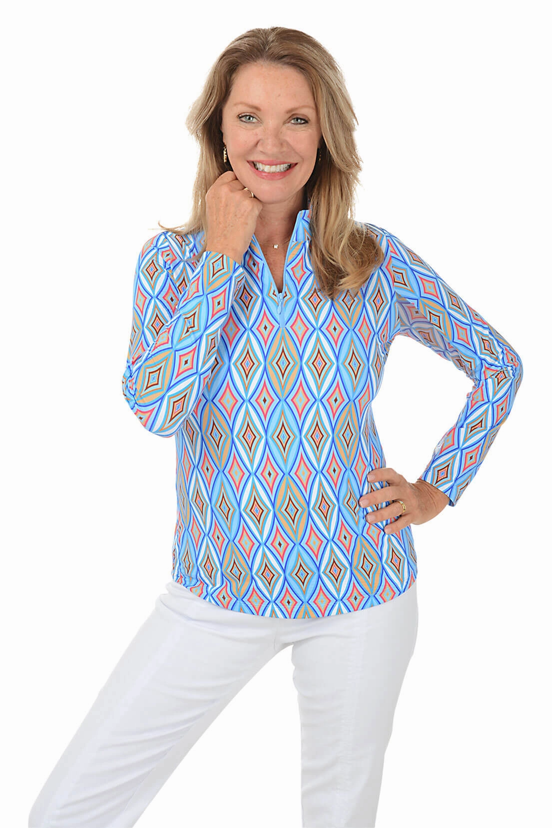 ChafeFreeEdging NonIrritatingSeams Blue Romina Diamond UPF50  Sun Shirt
