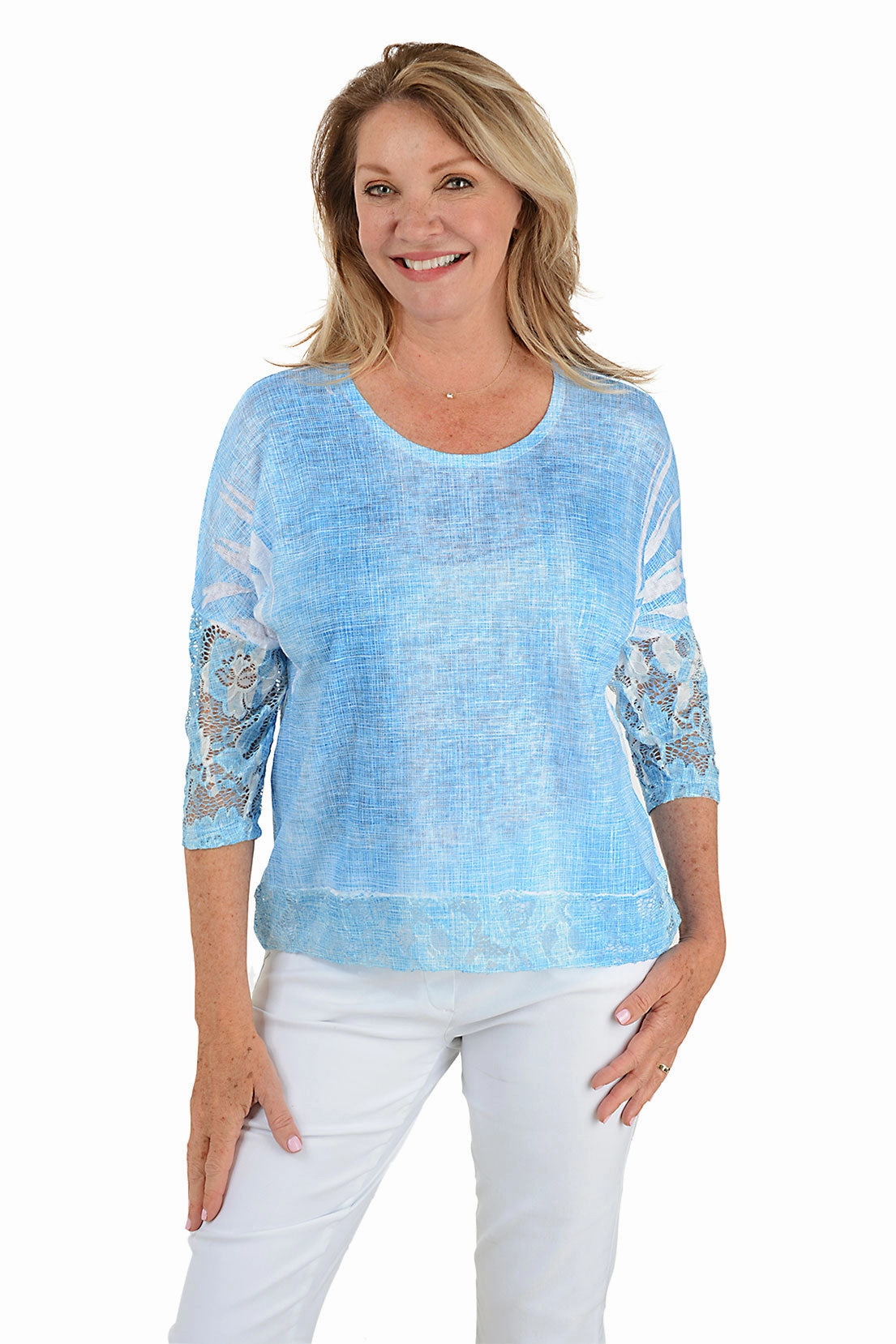 Blue Shadow Lace Trim Dolman Sleeve Top Wrinkle Resistant Textile
