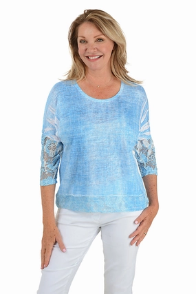 Blue Shadow Lace Trim Dolman Sleeve Top Wrinkle Resistant Textile
