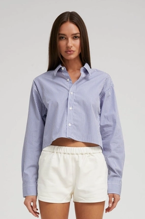 Ultra Soft Texture Blue Striped Cropped Button Down