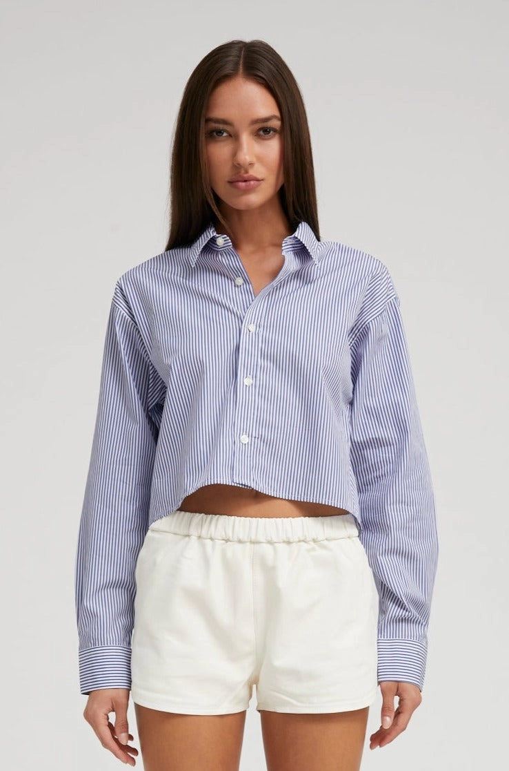 Ultra Soft Texture Blue Striped Cropped Button Down