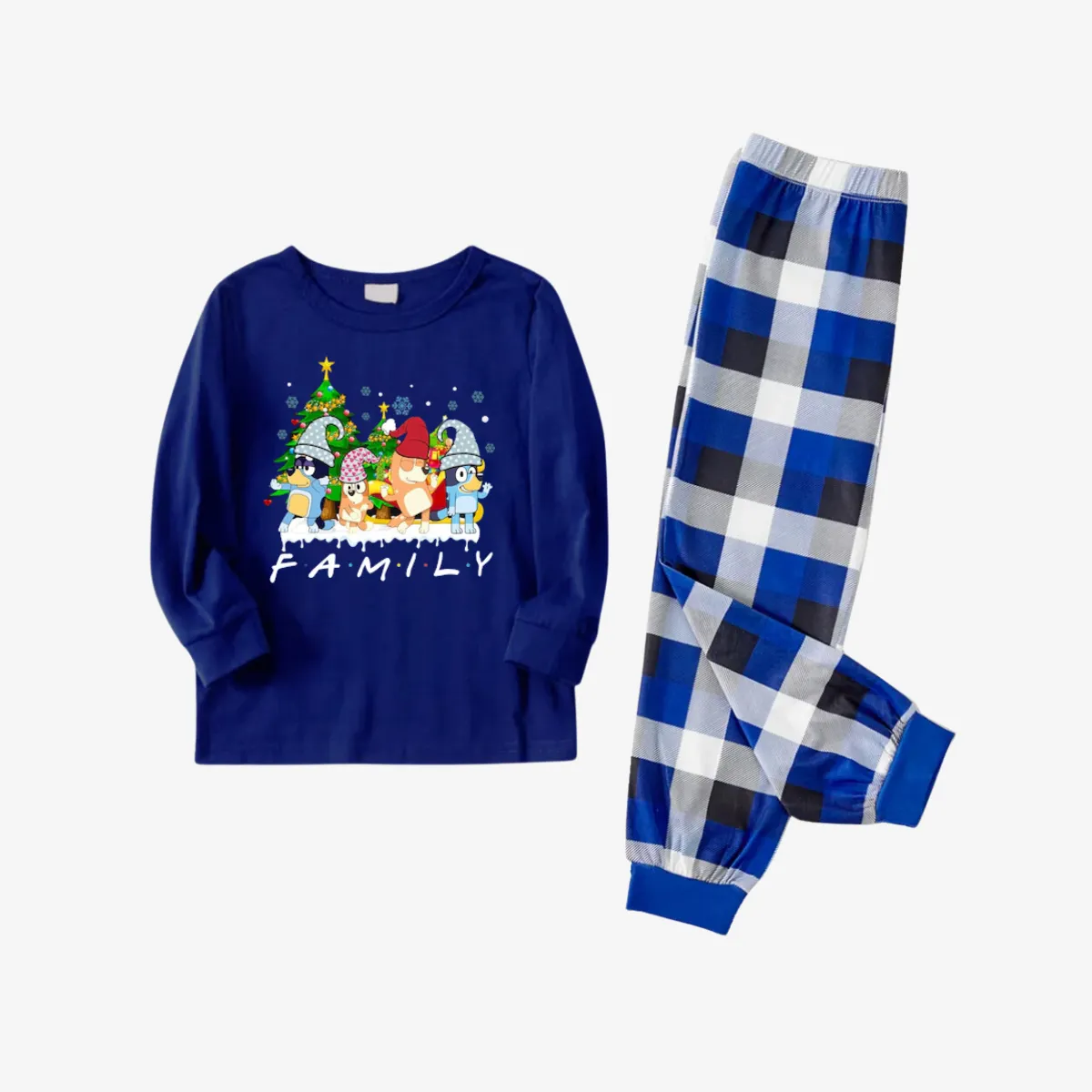 Bluey Character "Family" Design Blue&White Plaid Pants Family Matching Pajama Set
