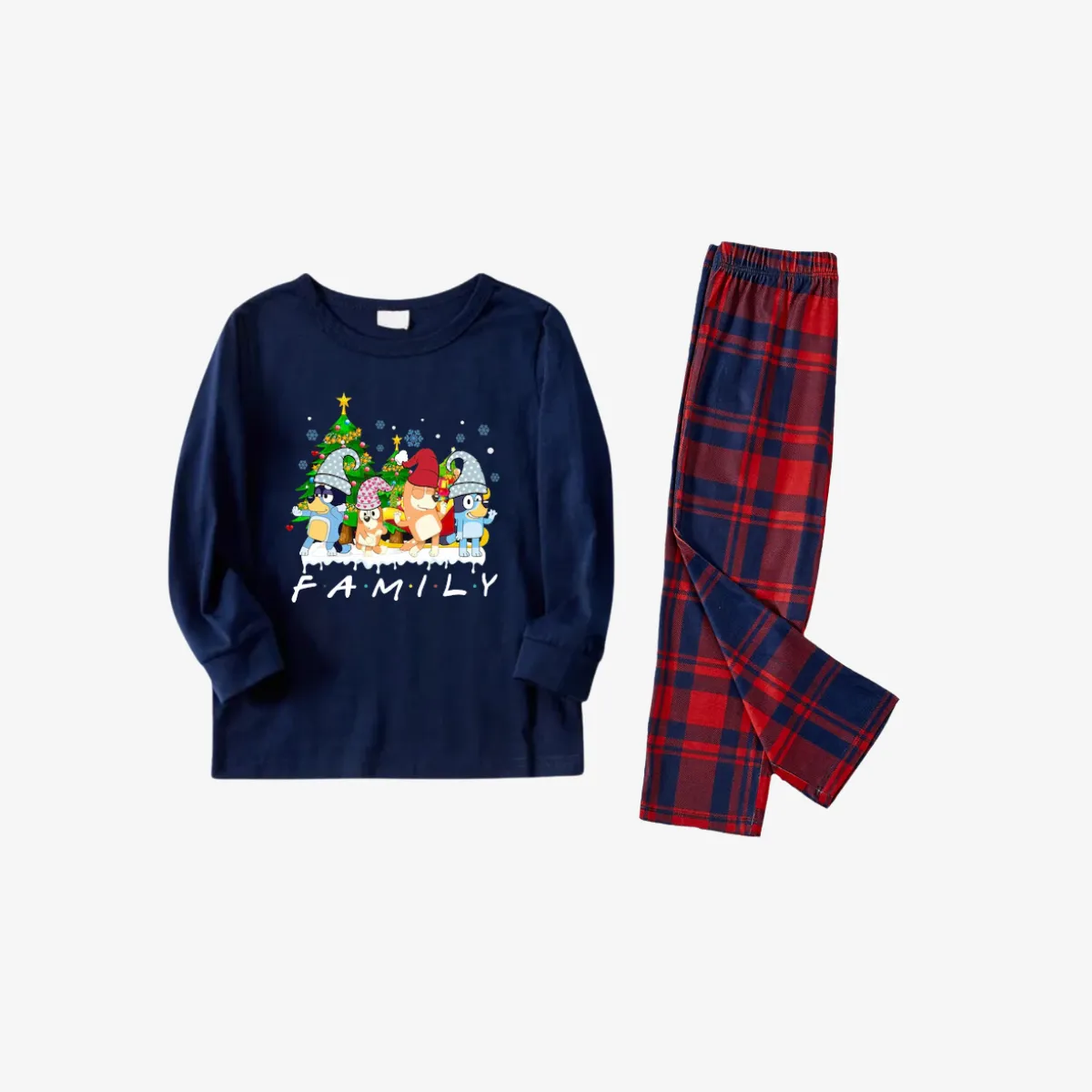 Bluey Character "Family" Design Navy Blue and Red Plaid Pants Family Matching Pajama Set
