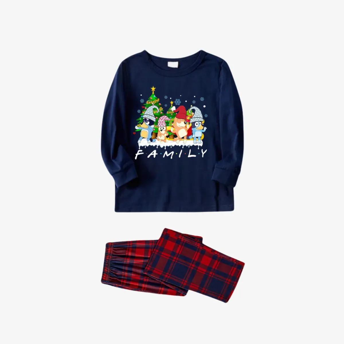 Bluey Character "Family" Design Navy Blue and Red Plaid Pants Family Matching Pajama Set