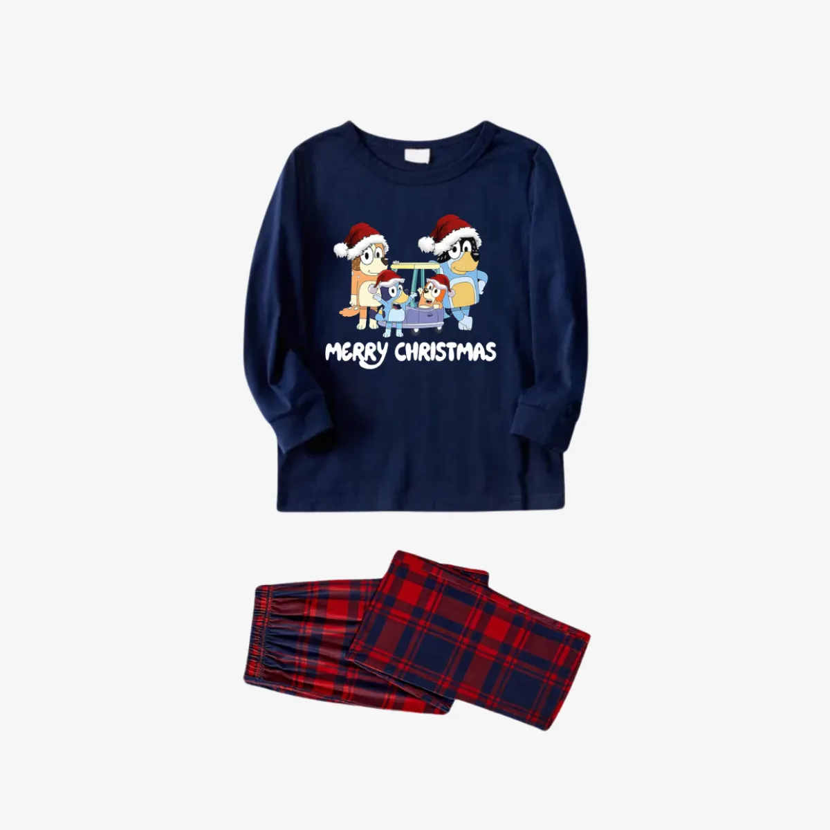 Bluey Character "Merry Christmas" Design Navy Blue and Red Plaid Pants Family Matching Pajama Set