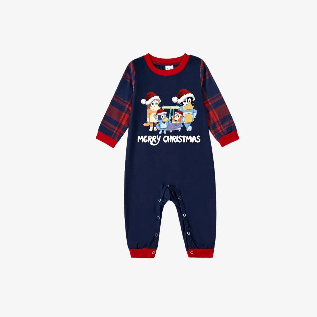 Bluey Character "Merry Christmas" Design Navy Blue and Red Plaid Pants Family Matching Pajama Set