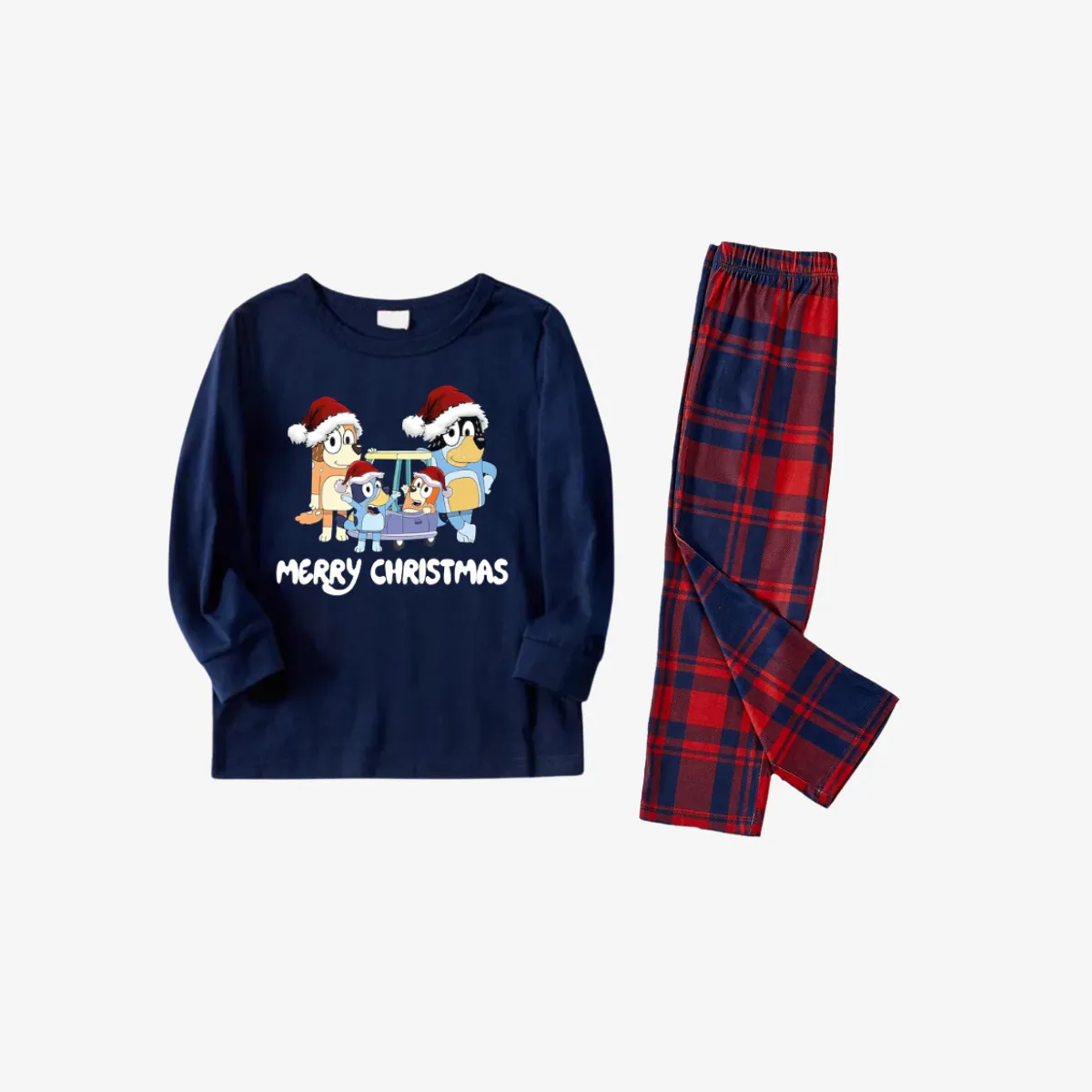 Bluey Character "Merry Christmas" Design Navy Blue and Red Plaid Pants Family Matching Pajama Set