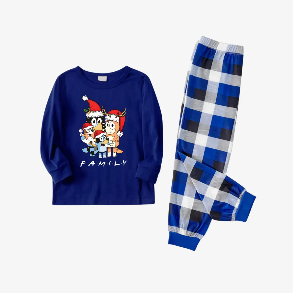 Bluey-Themed Festive Animal Pattern Blue&White Plaid Family Pajama Sets