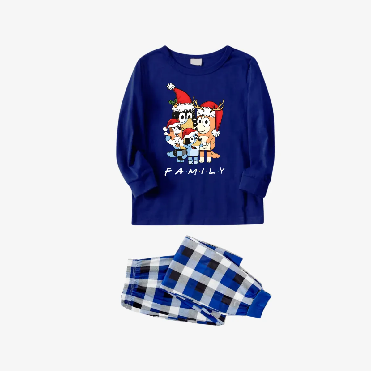 Bluey-Themed Festive Animal Pattern Blue&White Plaid Family Pajama Sets