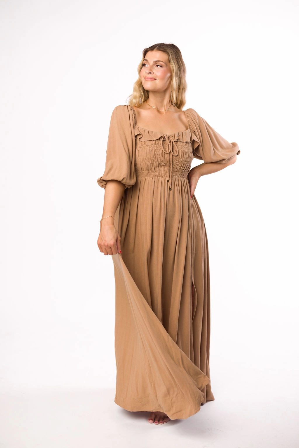Devon Smocked Maxi Dress in Taupe - Bump Friendly *Final-Sale* Relax Cut