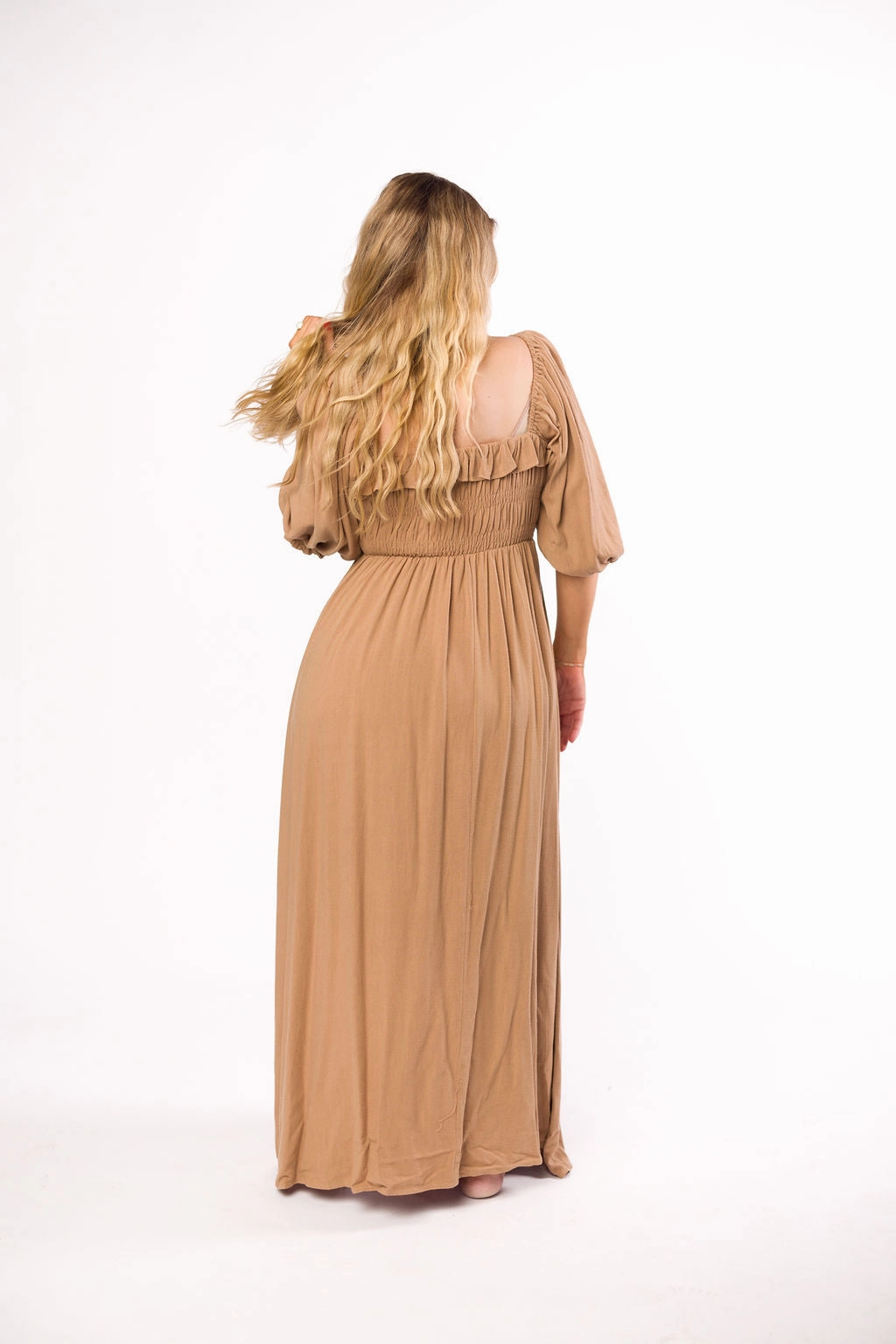 Breathable Feel Buckle-Detail Devon Smocked Maxi Dress in Taupe - Bump Friendly *Final-Sale*