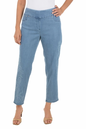 Contoured Panel Design Boho Chic Floral Stenciled Denim Pant