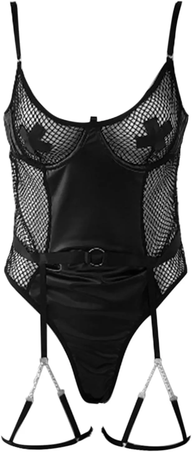 Bodysuit Mesh PU Bra with Thongs Set Baby-doll Women's Lace Leather Garter Lingerie Set 4 Piece Lingerie