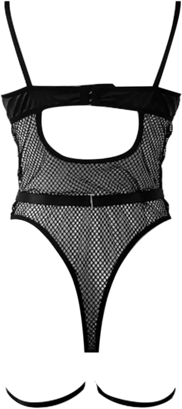 Bodysuit Mesh PU Bra with Thongs Set Baby-doll Women's Lace Leather Garter Lingerie Set 4 Piece Lingerie