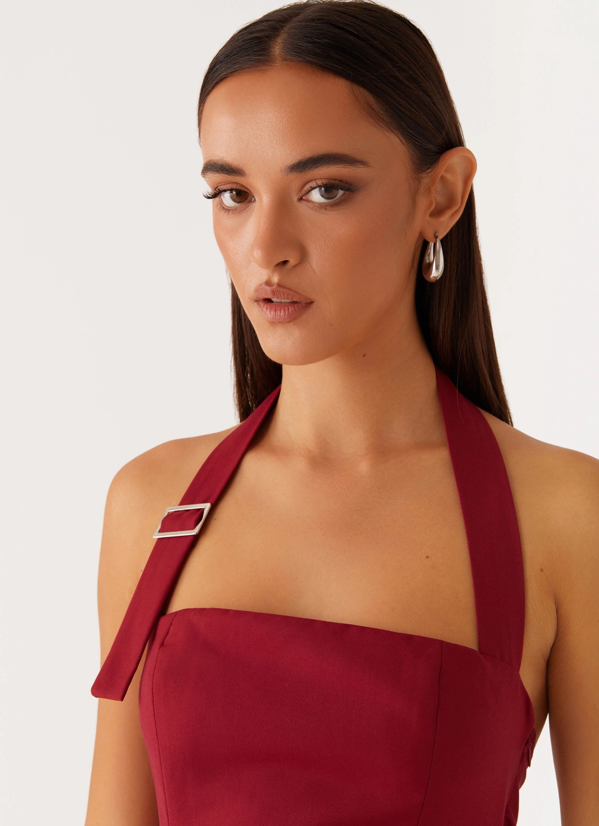 Bianca Halter Dress - Red Calm Lines Charming Style