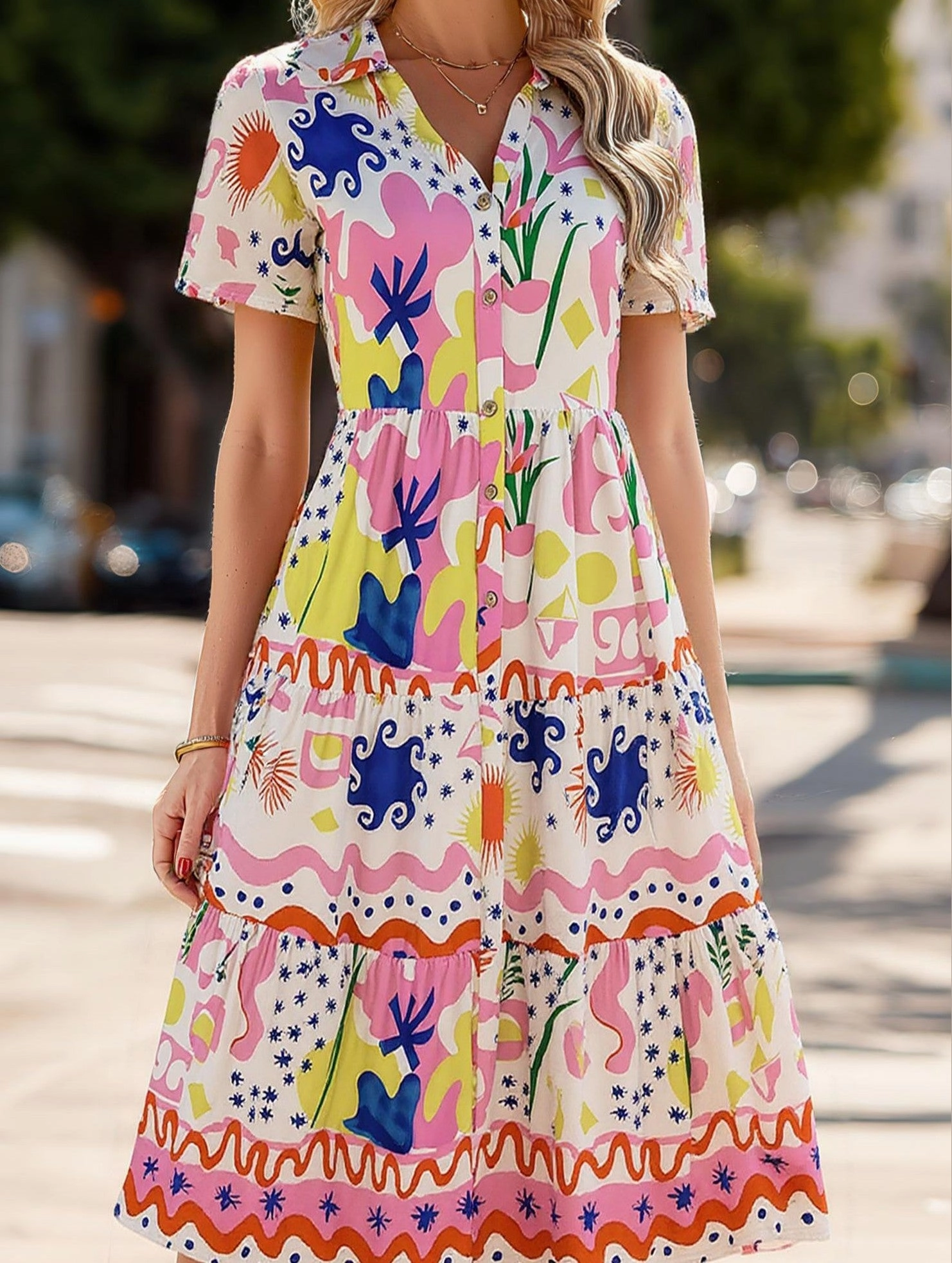 Bohemian High-Waisted Colorblock Midi Dress ??Casual Viscose Lyocell Blend Modern Appearance Free Step
