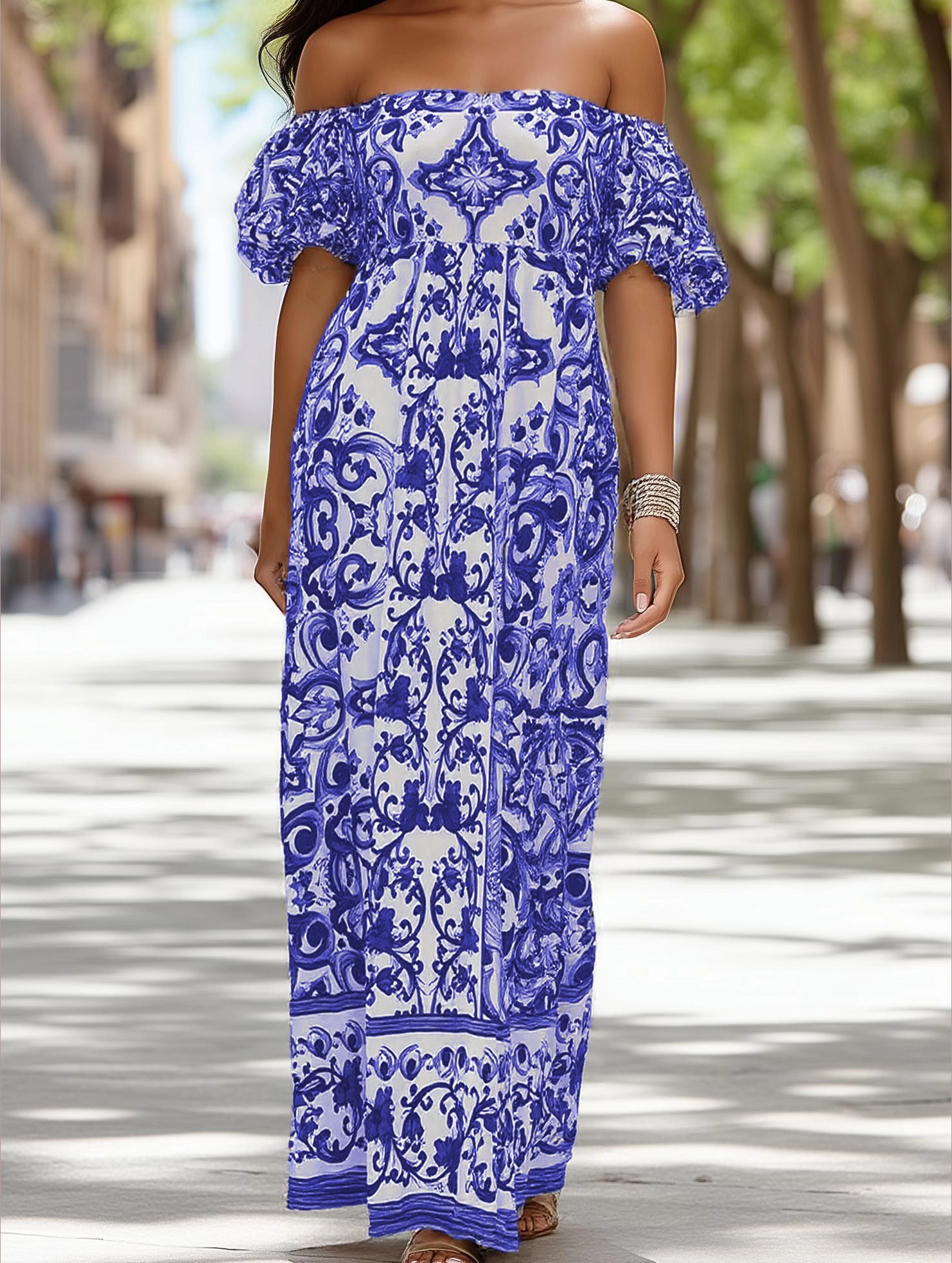 Bohemian One-Shoulder Maxi Dress ??Printed Flowy Summer Dress Dance Night