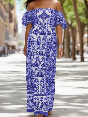 Flattering Waistband Fit Easy Movement Bohemian One-Shoulder Maxi Dress ??Printed Flowy Summer Dress